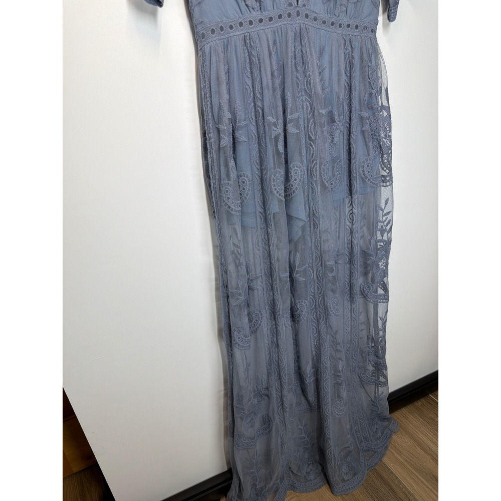Honey Punch Mila Dusty Blue Lace Romper Maxi Dress | Size Medium - Picture 8 of 15